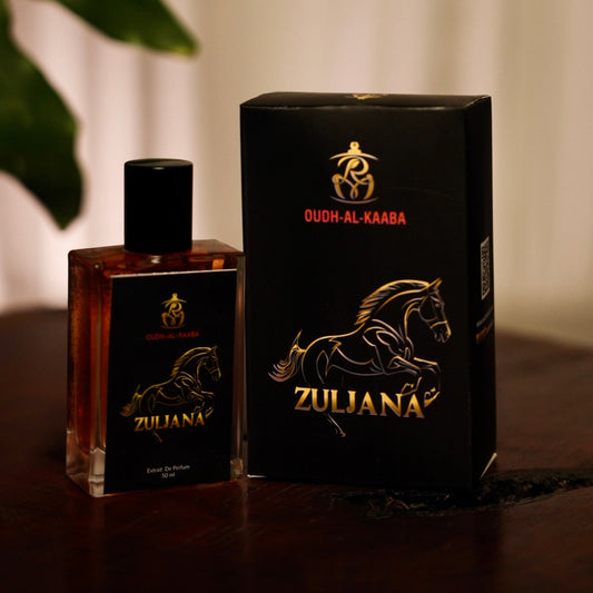 Zuljana perfume bottle and packaging on a wooden surface with a blurred background