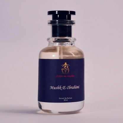 Perfume bottle with a dark blue label on a light gray background